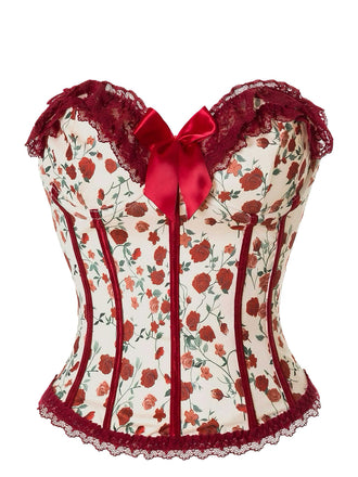 Red 1970s Strapless Court Lace Roses Corset