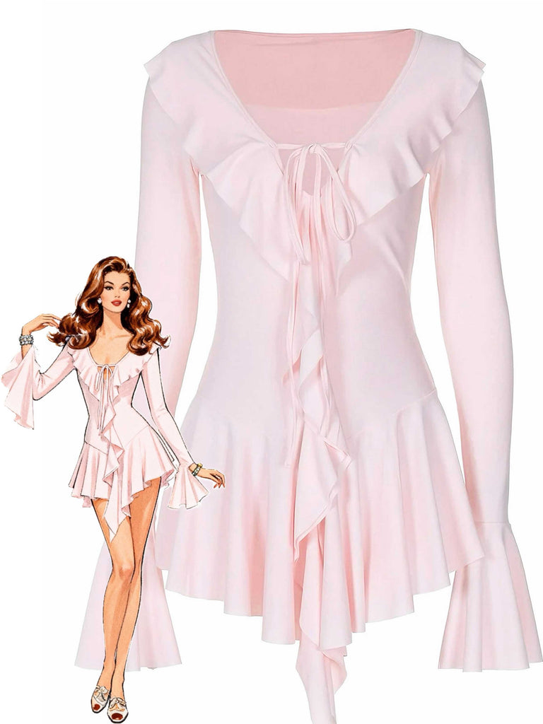 Pink 1960s V-Neck Ruffle Flared Sleeve Dress