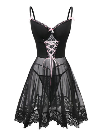 Black 1950s Spaghetti Strap Bow Lace Sleepwear