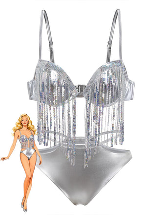 Silver 1970s Holographic Sequin Fringe Bikini Set