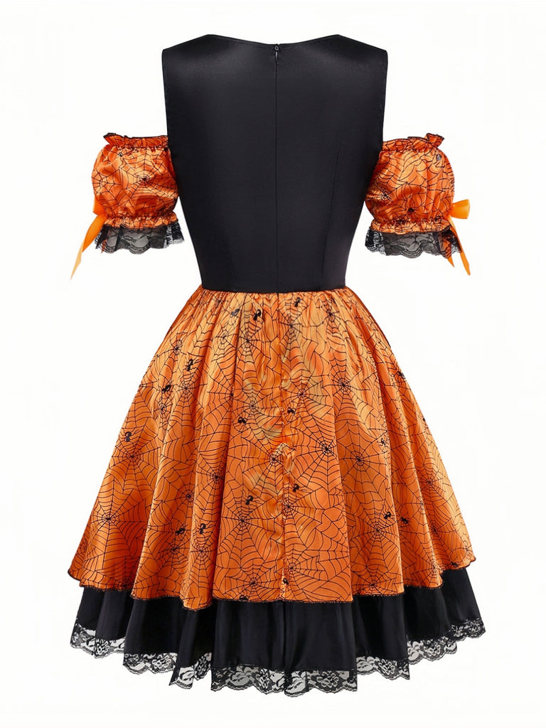 Orange 1960s Halloween Pumpkin Spiderweb Puff-Sleeve Dress