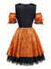Orange 1960s Halloween Pumpkin Spiderweb Puff-Sleeve Dress