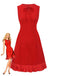 Red 1960s Bow Neck Ruffle Hem Sleeveless Dress