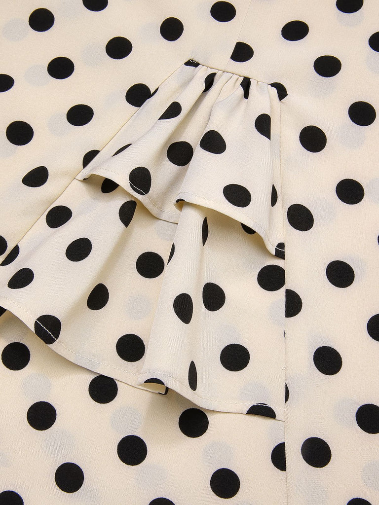 Beige 1960s Polka Dot Square Neck Puff Dress
