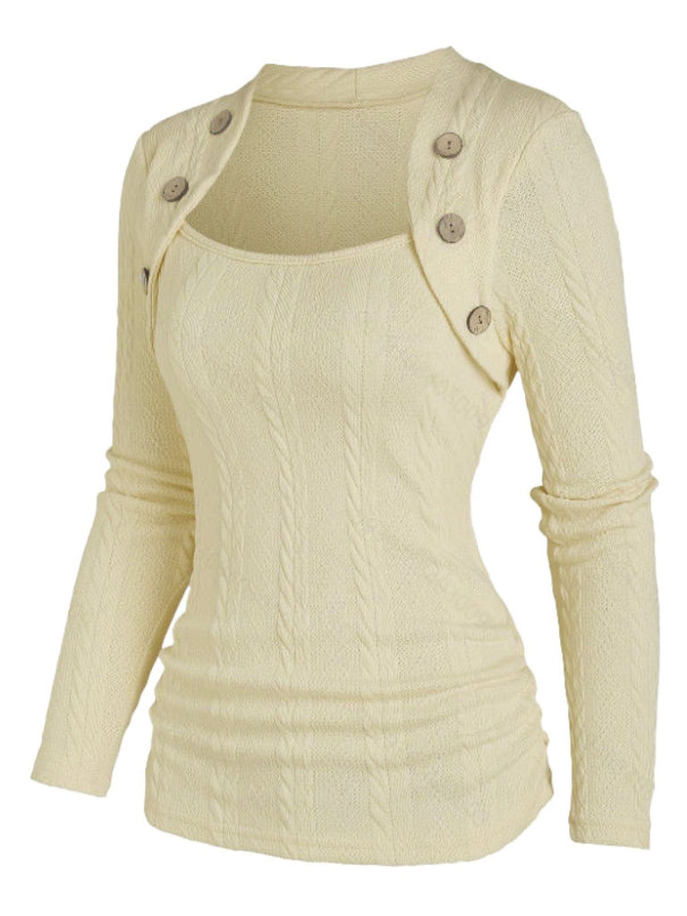 Beige 1960s Solid Faux Button Knitted Sweater, vintage fashion, retro style - perfect for women who love vintage and retro fashion
