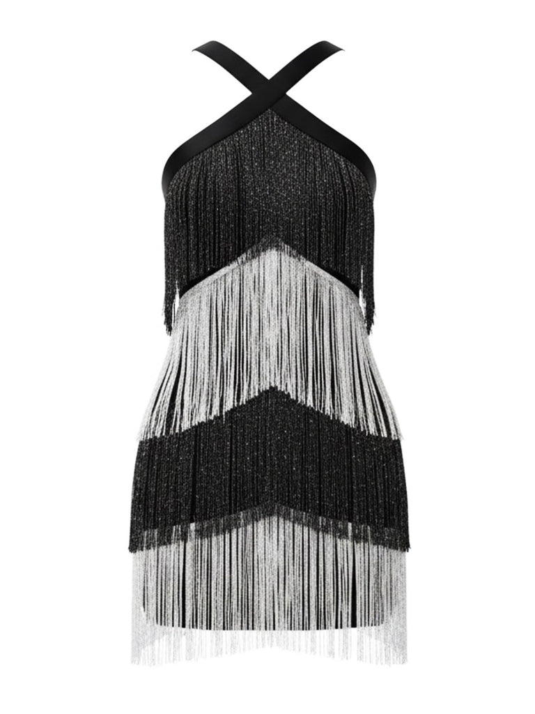 Black 1920s Strappy Fringe Sequin Cocktail Dress