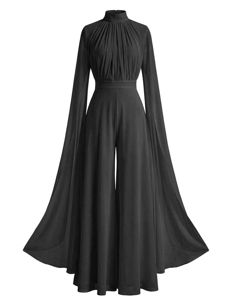 1930s Satin Long Sleeve Ruffled Hem Ruched Jumpsuit