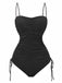 Black ruched swimsuit with thin straps on a white background