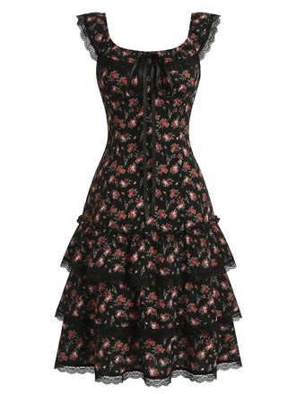 Elegant black floral lace dress with u-neckline and wide straps featuring tiered layers in 1940s vintage style, perfect for formal events and romantic occasions