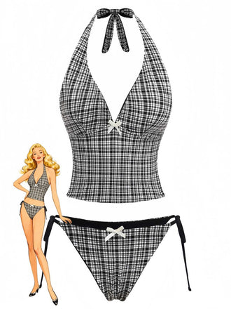 Vintage-style black plaid tankini swimsuit with deep V halter neckline and 1960s-inspired design, perfect for beach vacations and poolside lounging