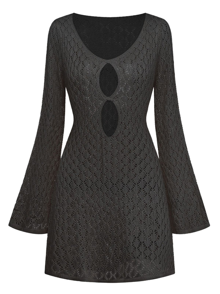 Front view of the crochet bell-sleeve cover-up in black, showcasing the elegant hollow-out design.