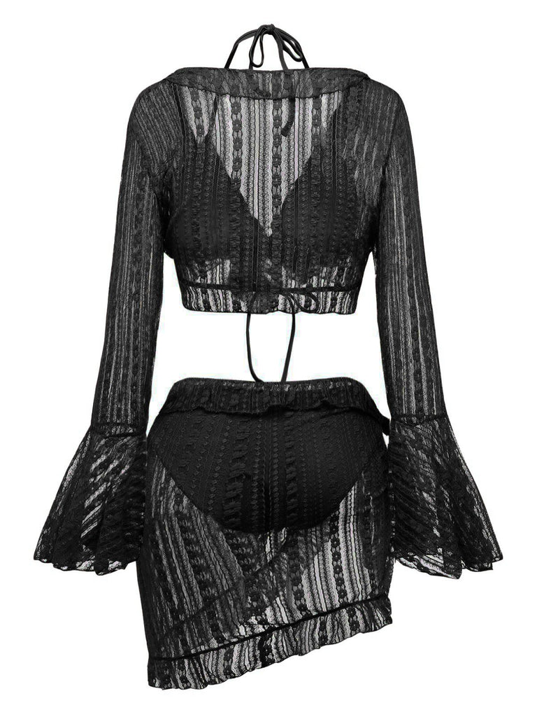 Front and back views of the 3-piece bell-sleeve bikini set in elegant black.