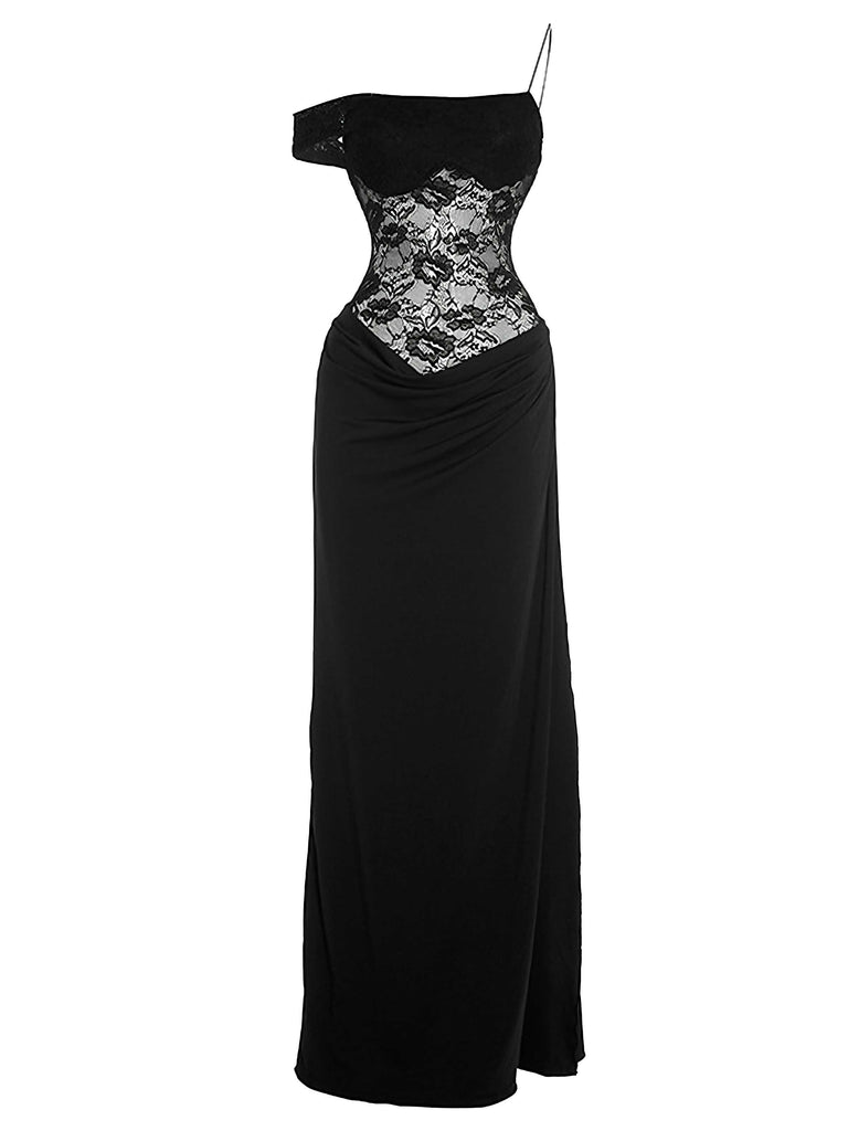 Front studio view of the maxi dress in black with a white lace-overlay bodice.