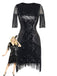 A dazzling black sequin flapper dress featuring fringe sleeves and hem, inspired by 1920s Great Gatsby fashion.