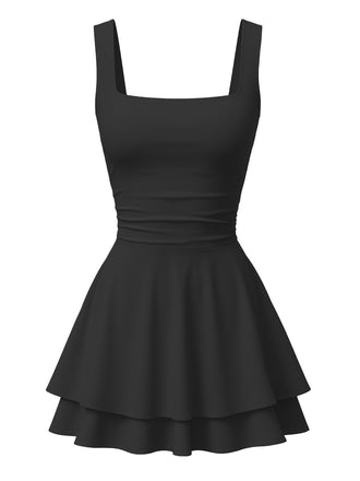 A classic black sleeveless mini dress featuring a square neckline, cinched waist, and a playful tiered skirt.