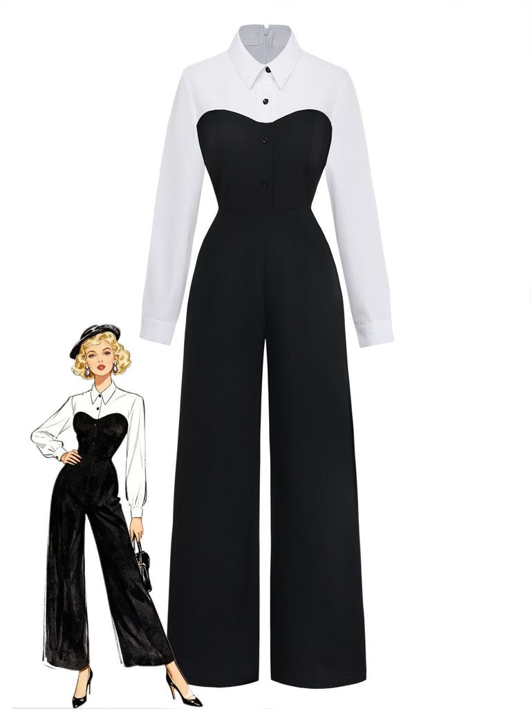 Vintage 1980s black and white mock two-piece jumpsuit with lapel collar modeled for retro professional and power dressing