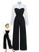 Vintage 1980s black and white mock two-piece jumpsuit with lapel collar modeled for retro professional and power dressing