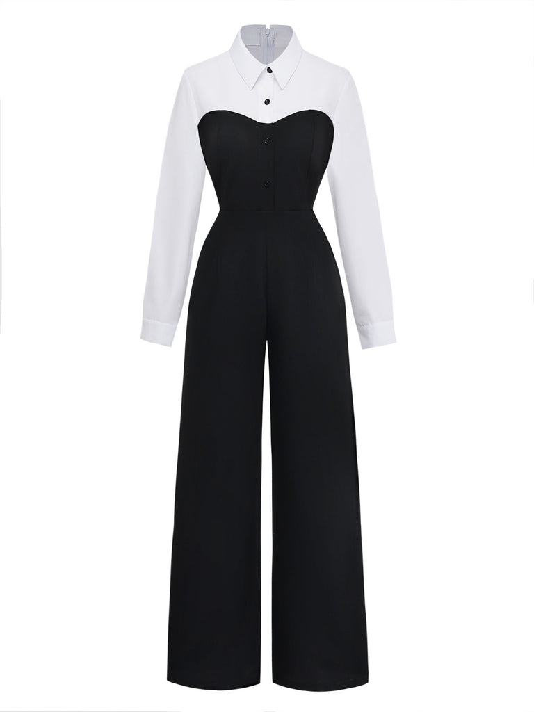 Classic 80s black white colorblock mock two-piece lapel jumpsuit styled for vintage office wear and retro business occasions