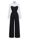 Classic 80s black white colorblock mock two-piece lapel jumpsuit styled for vintage office wear and retro business occasions