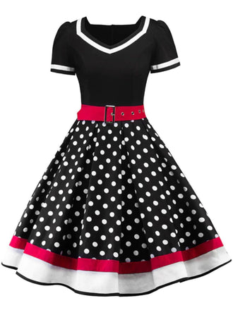 1950s Polka Dot Belted Patchwork Dress