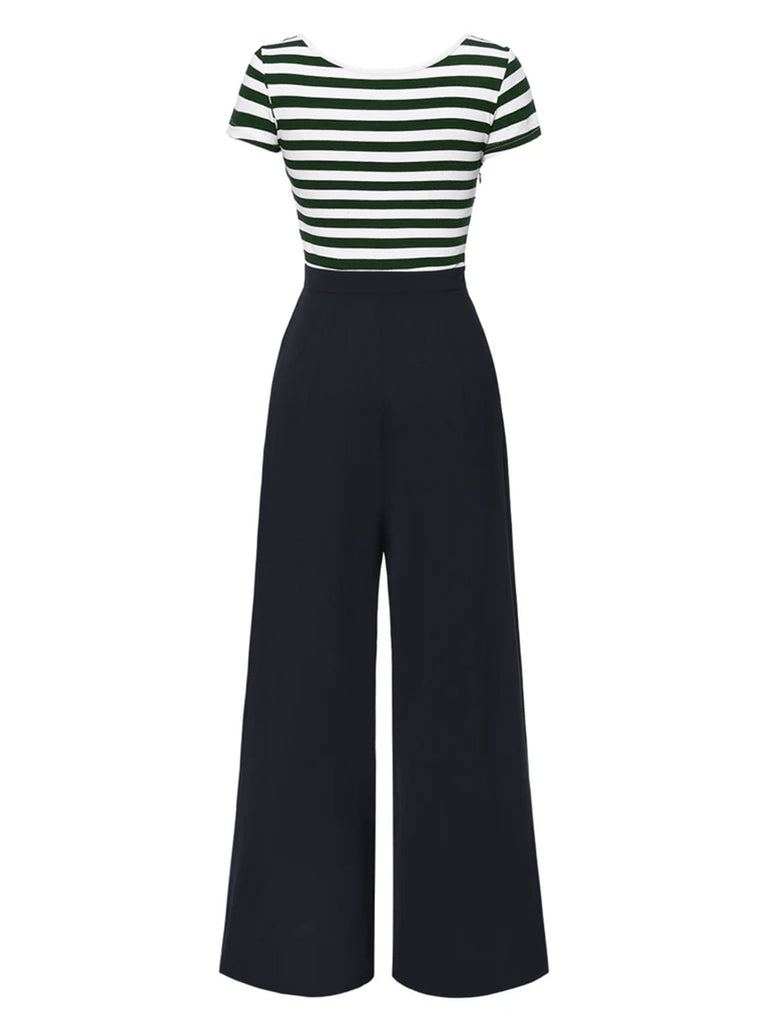 Blue 1950s Hollow Bow Stripe Patchwork Jumpsuit