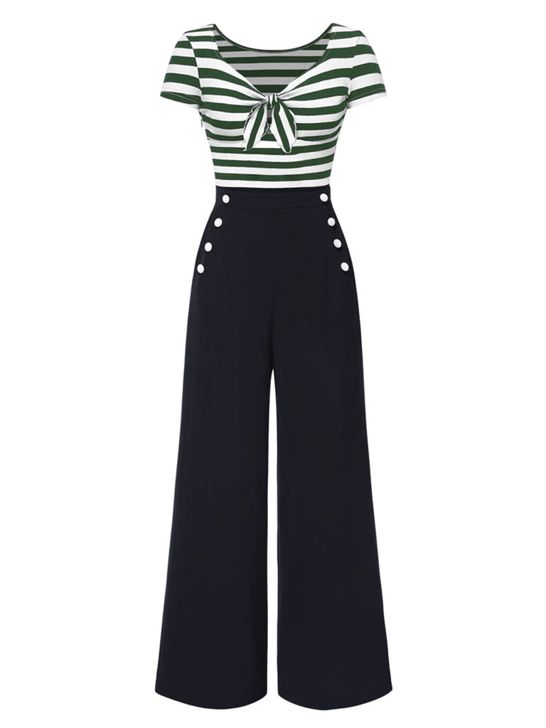 Blue 1950s Hollow Bow Stripe Patchwork Jumpsuit