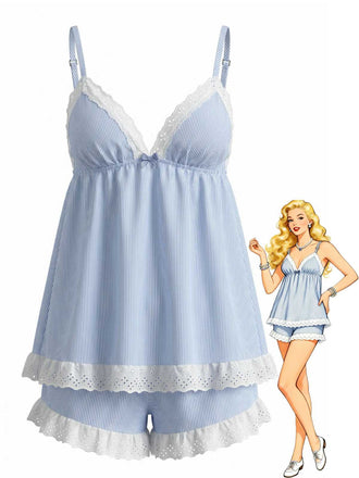 A light blue and white vertical striped pajama set featuring a V-neck camisole with eyelet lace trim and matching ruffled shorts, shown next to a retro-style pin-up illustration.
