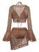 A 3-piece bikini set with a lace bell-sleeve cover-up in a rich chocolate brown.