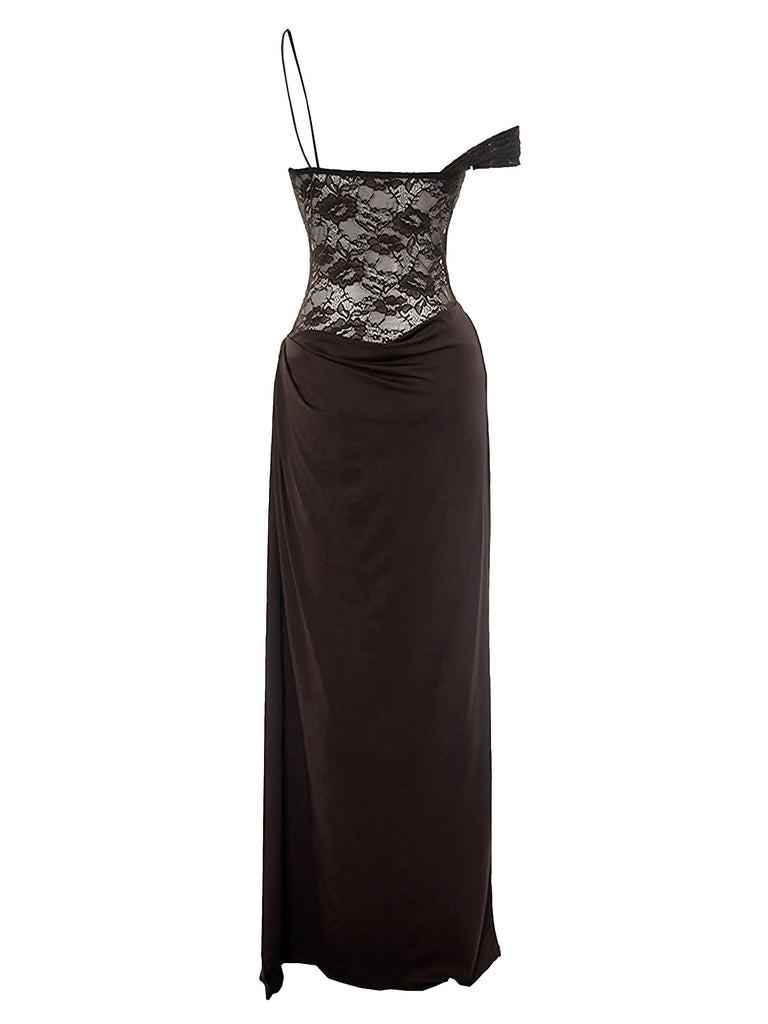 Side-angled view of the brown maxi dress showcasing the single spaghetti strap and off-the-shoulder draped sleeve.