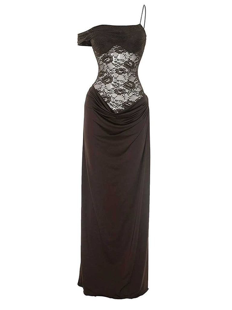 Front studio view of the brown maxi dress highlighting the fitted waist and vertical lace panel.