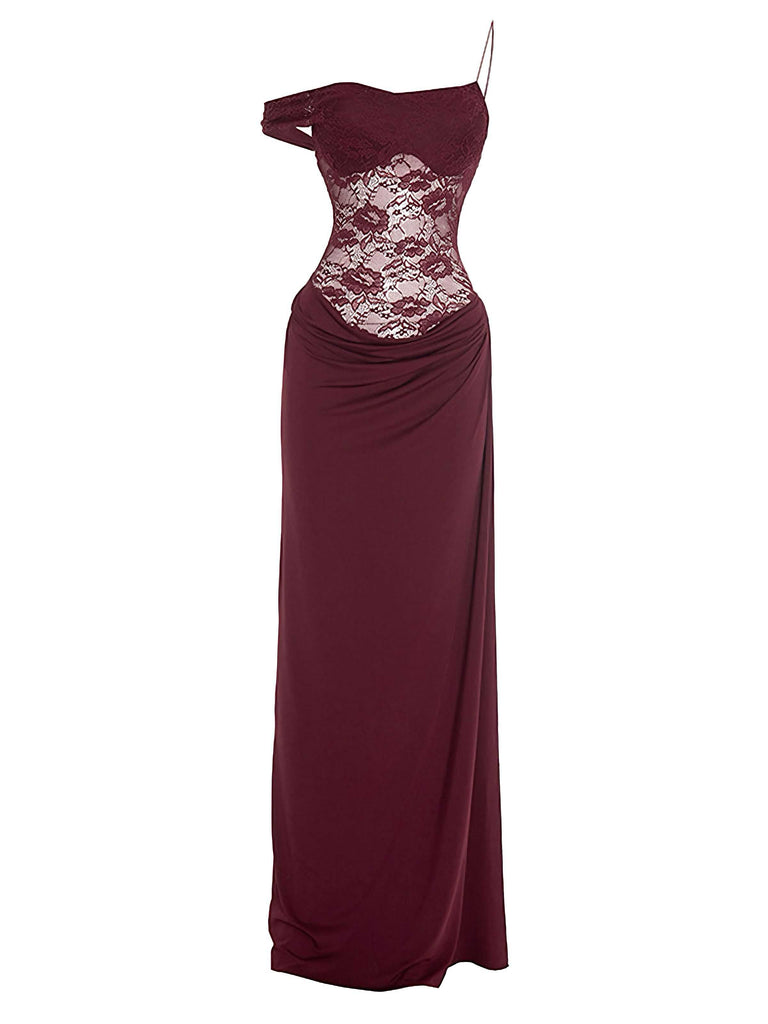 Front studio view of the maxi dress in deep burgundy, featuring the same lace bodice design.