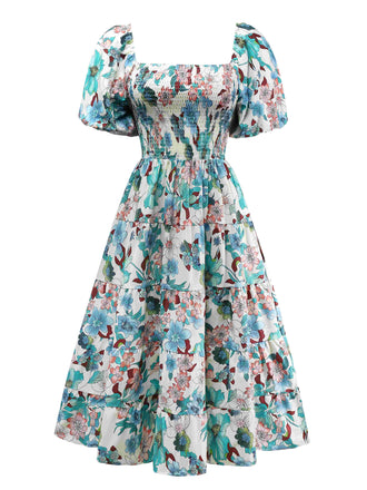 Green 1950s Floral Off-Shoulder Lantern Sleeve Bardot Dress