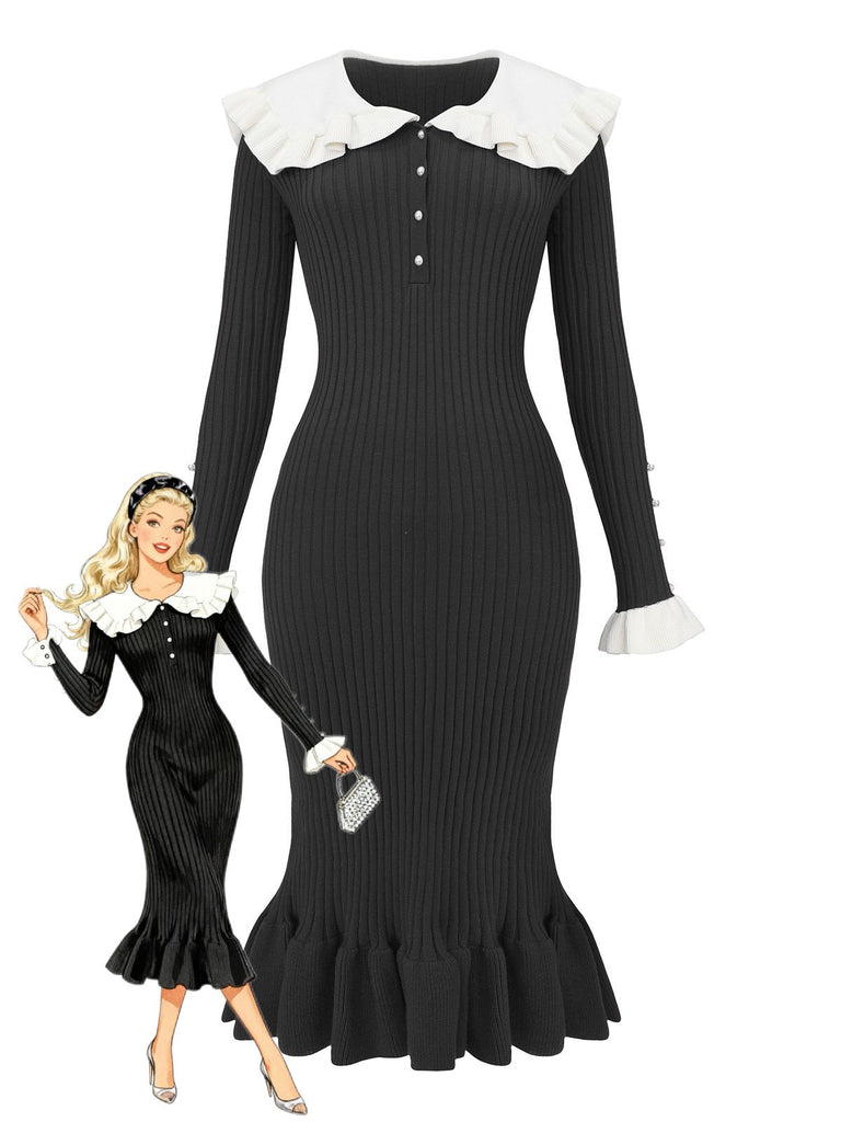 1980s Ribbed Ruffled Collar Midi Dress