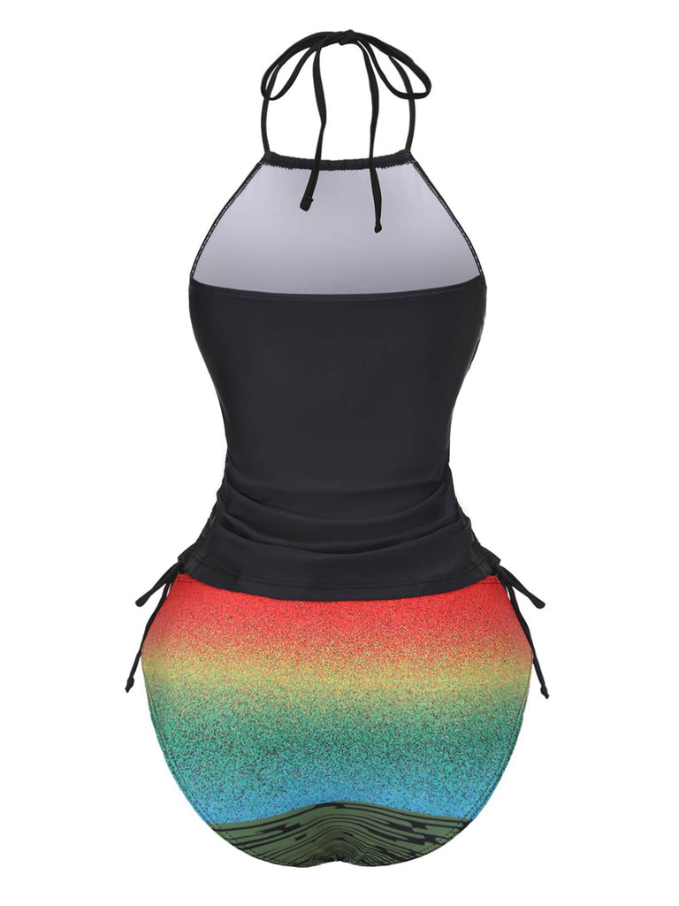 Black 1940s Sunset Palm Tree Tie-Dye Tankinis Swimsuit