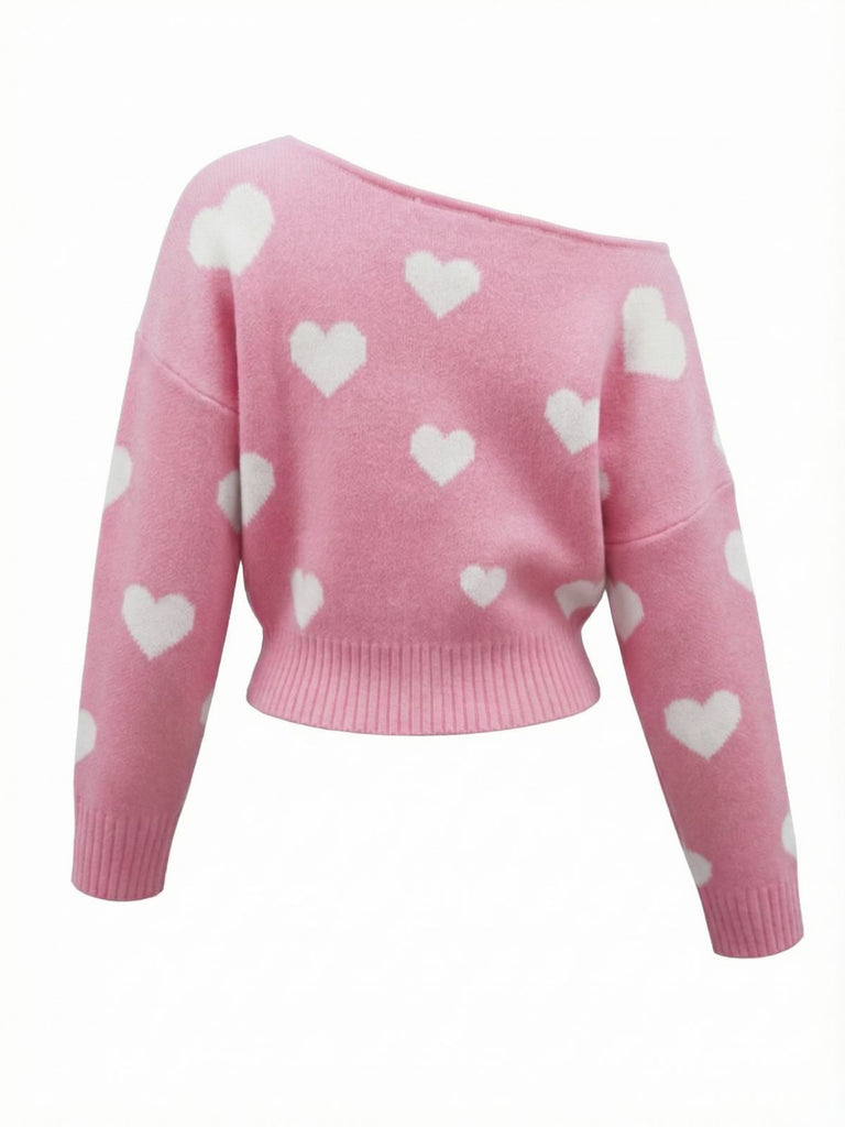1970s Valentine Heart Asymmetrical Shoulder Pullover Sweater