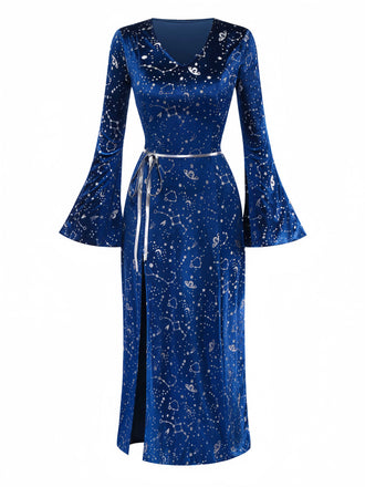 1970s Halloween Wizard Cosplay Slit Velvet Dress With Hat