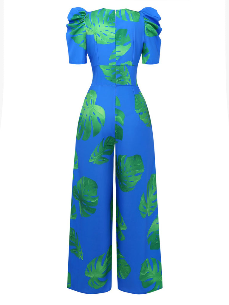 Blue 1970s Boho V-Neck Tropical Palm Leaf Jumpsuit