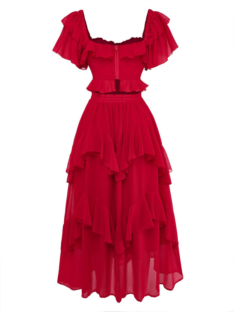 1950s Ruffle Tiered Off-Shoulder Maxi Dress