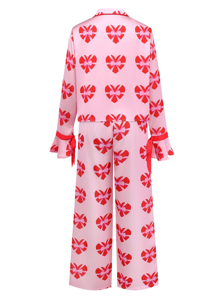 Pink 1980s Heart Bow Satin Pajama Set