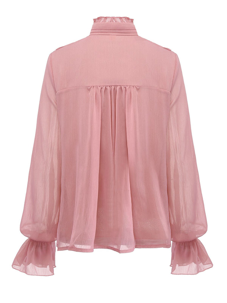 Pink 1980s Chiffon Ruffled High-Neck Blouse