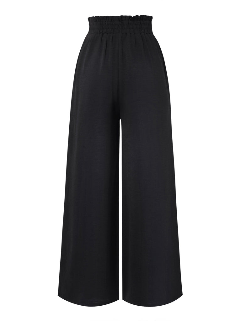 Black 1970s Solid Belted Wide-Leg Pants