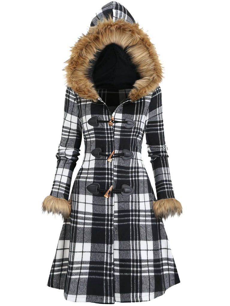 1940s Plaid Toggle Faux Fur Trim Hooded Coat