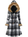 1940s Plaid Toggle Faux Fur Trim Hooded Coat