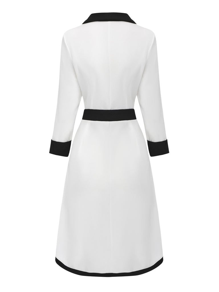 White & Black 1940s Deep V-Neck Notched Button Dress
