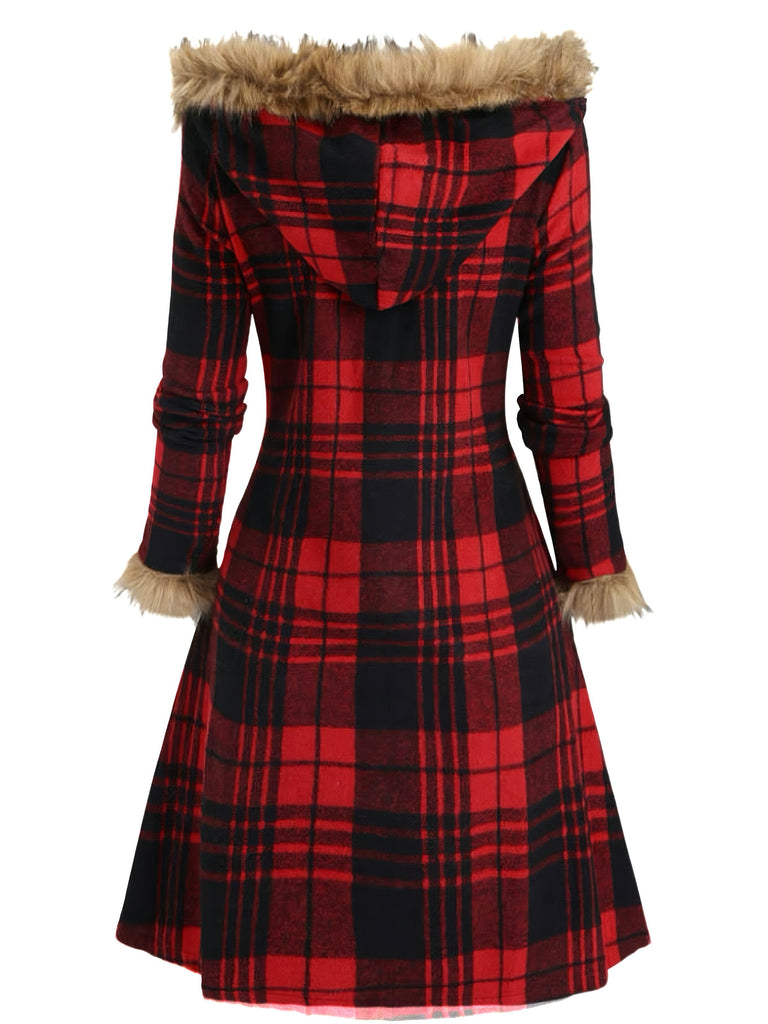 1940s Plaid Toggle Faux Fur Trim Hooded Coat