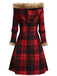1940s Plaid Toggle Faux Fur Trim Hooded Coat