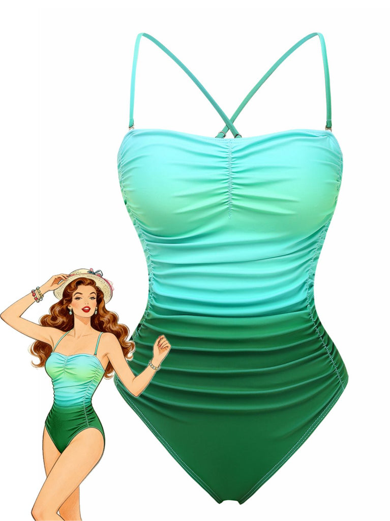 Ombre Green 1930s Ruched One-Piece Swimsuit
