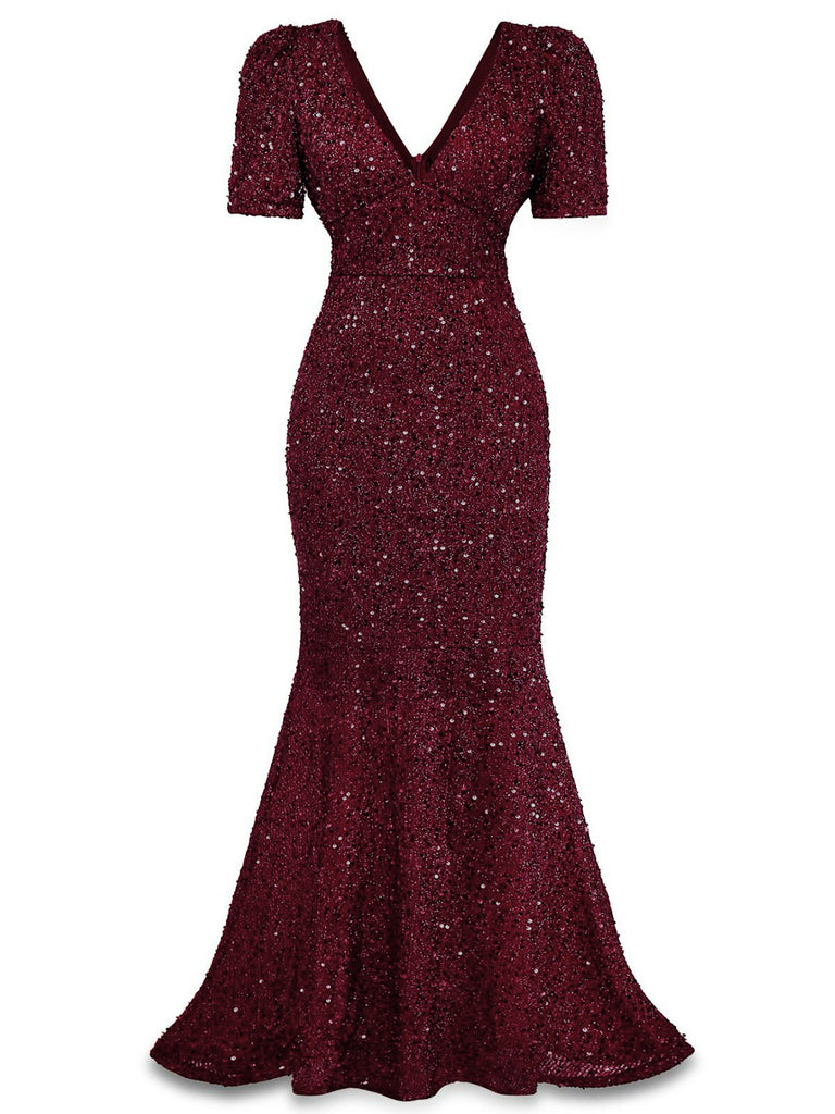 [Pre-Sale] Wine Red 1930s Sequin Bow Maxi Mermaid Dress