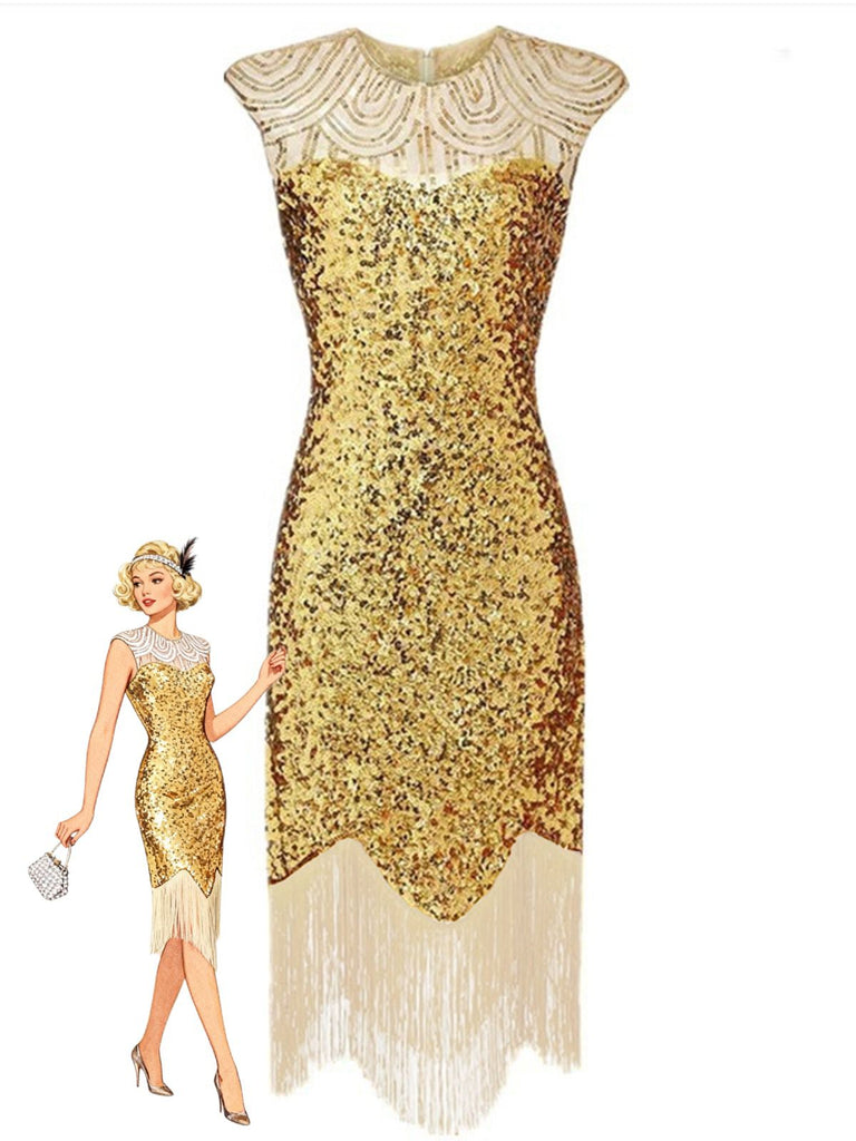 1920s Sequin Beads Fringed Evening Dress