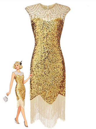 1920s Sequin Beads Fringed Evening Dress
